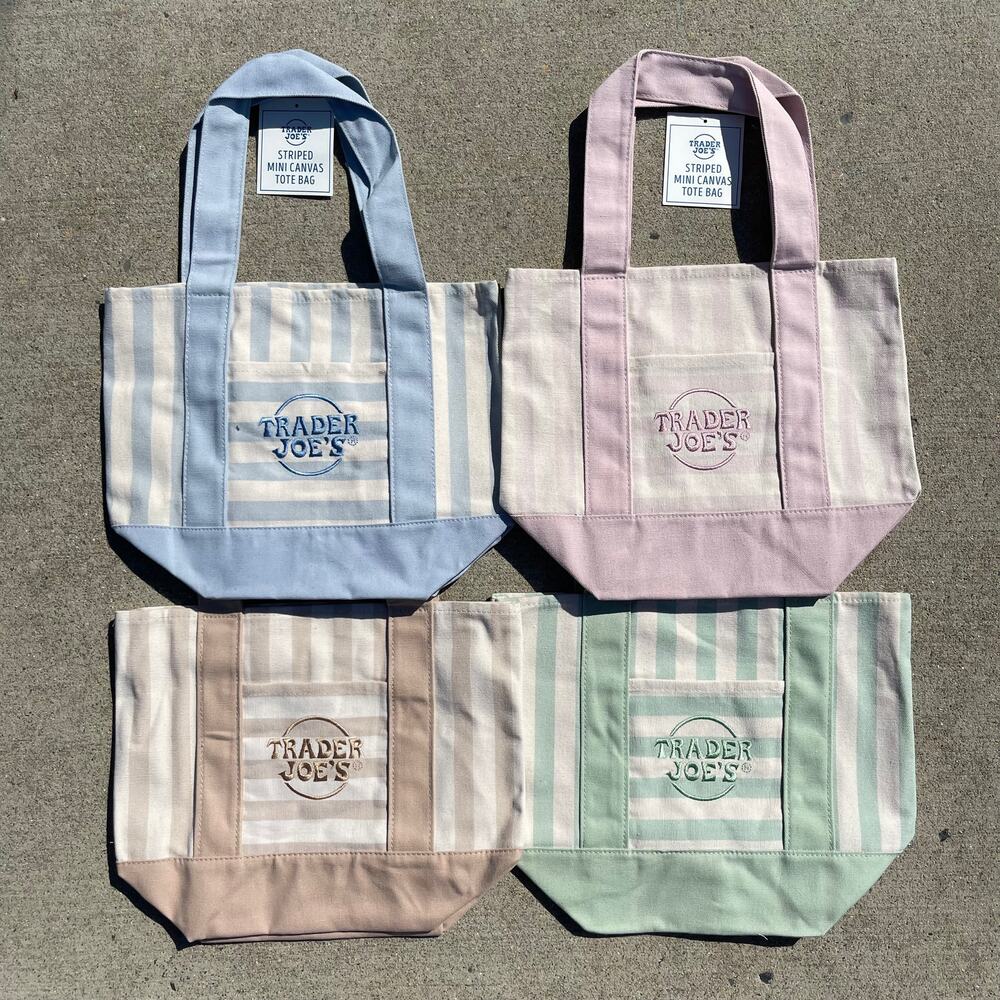 Set of 4! Trader Joe’s Canvas MINI Tote Bags PASTEL STRIPE Blue Green Pink Khaki - Picture 3 of 15